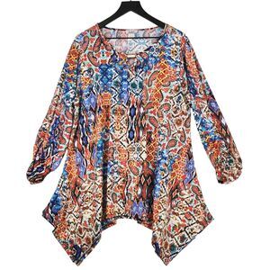 Dalin Womens Top‎ 2X Keyhole Geo Graphic Print Ruched Sleeves Boho Artsy Stretch